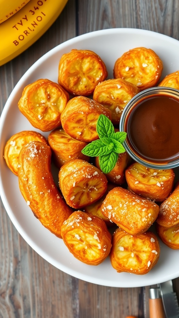 A delicious serving of crispy fried bananas with chocolate sauce on a rustic table.